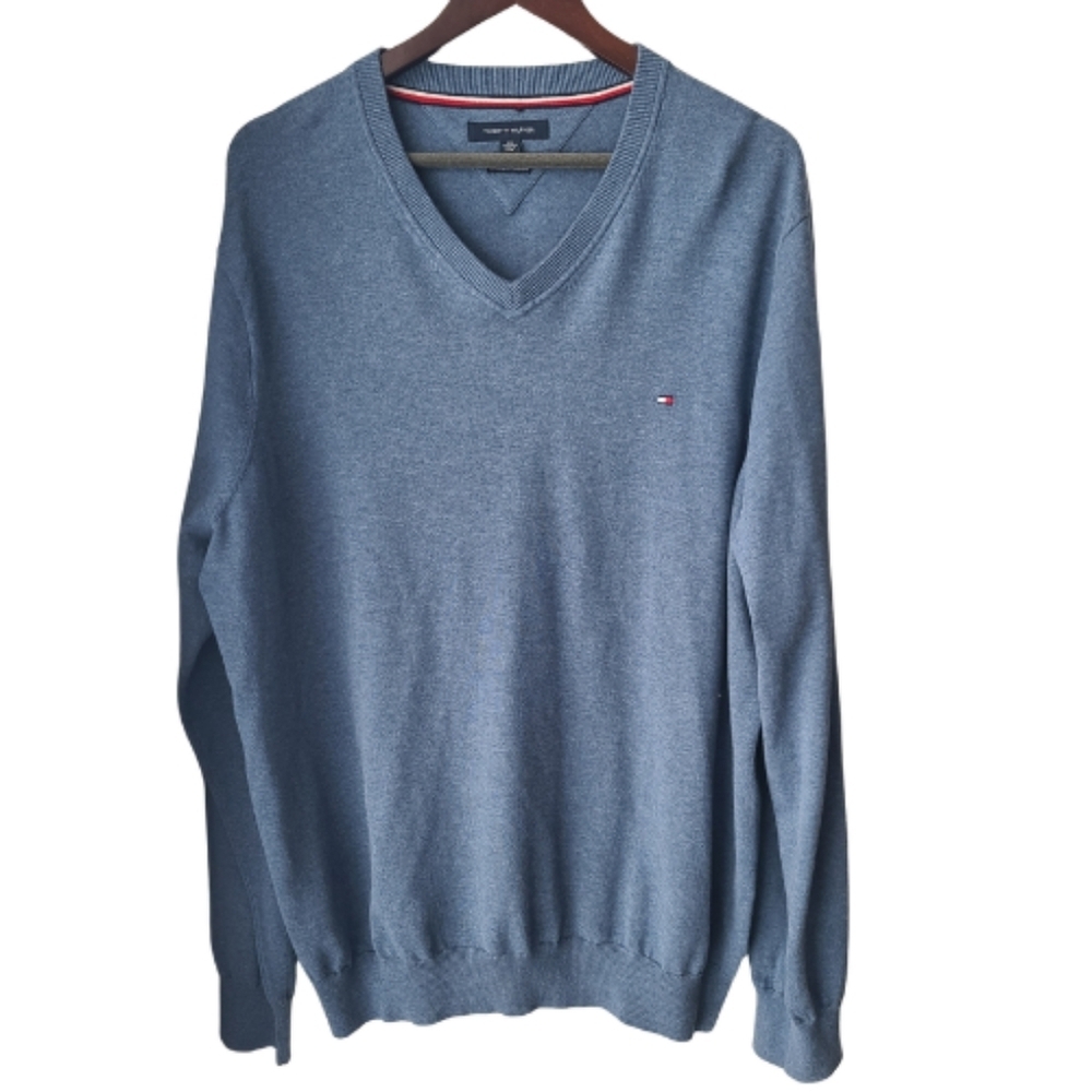 Tommy Hilfiger Premium Cotton Men Sweater Sz XXL Blue V Neck Office Casual Soft